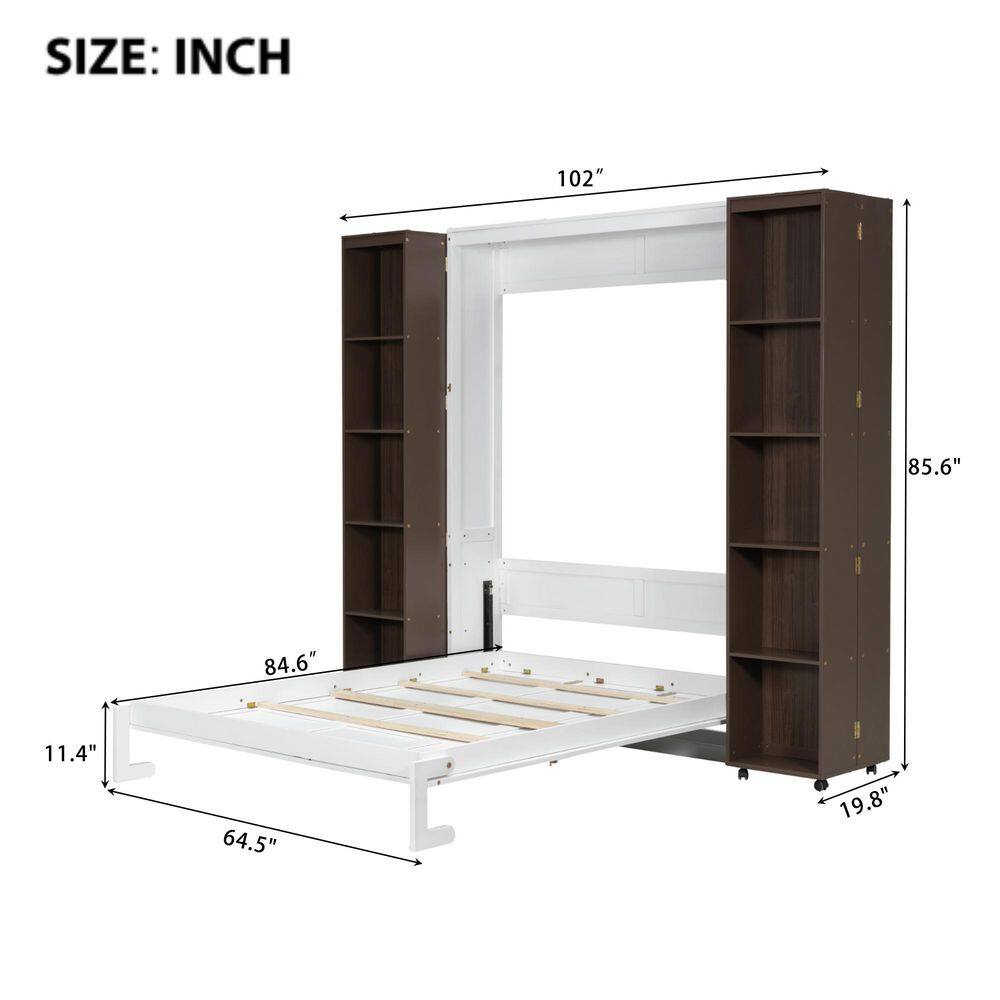 White Wood Frame Queen Murphy Bed Wall Bed with Push-Pull Foldable Storage Cabinets - thumbnail 10