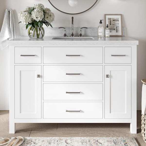 ARIEL Bristol 49 in. W x 22 in. D x 36 in. H Freestanding Bath Vanity in White with White Marble Top