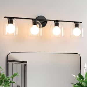 32 in. 4-Light Modern Black Vanity Light with Clear Glass Shade Farmhouse Wall Sconce For Bathroom Light Fixtures