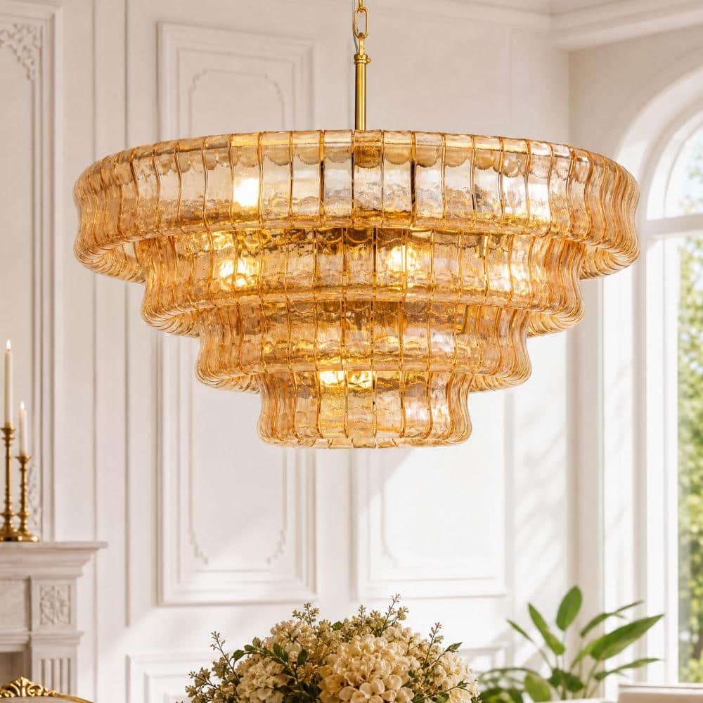 32 in. Modern Gold Glass Chandelier with Handcrafted Clear Glass Shades for Dining Room Foyer Living Room price history on PriceWatchPro