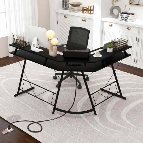 Costway 51 in. L-Shaped Black Wood Desk with Power Outlet