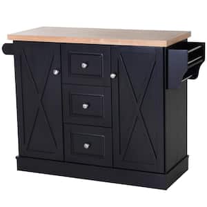 Black Wooden Kitchen Cart with Drawers and Cabinet