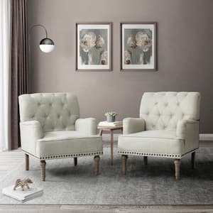 Leobarda Oatmeal Polyester Arm Chair with Nailhead Trim (Set of 2)