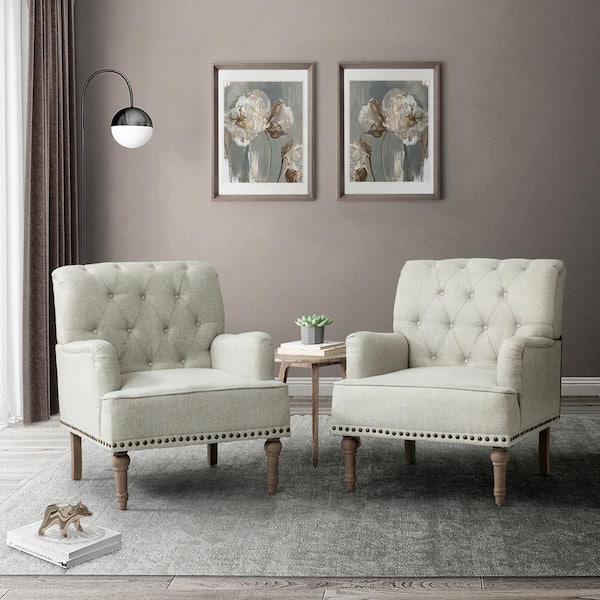 JAYDEN CREATION Leobarda Oatmeal Polyester Arm Chair with Nailhead Trim (Set of 2)