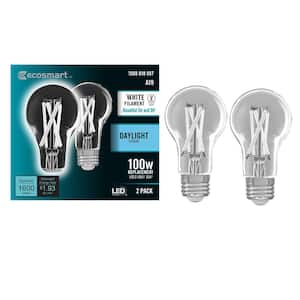 100-Watt Equivalent A19 Dimmable White Filament CEC Clear Glass E26 LED Light Bulb, Daylight 5000K (2-Pack)