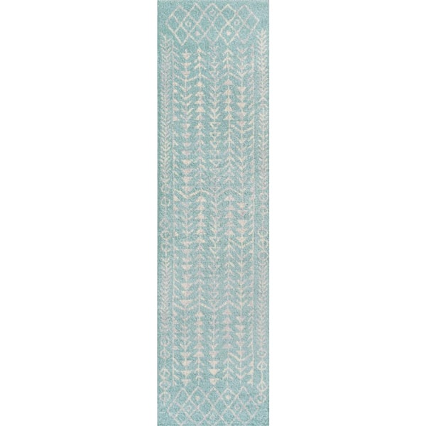 Ziri Moroccan Geometric Turquoise/Cream 2 ft. x 8 ft. Runner Rug