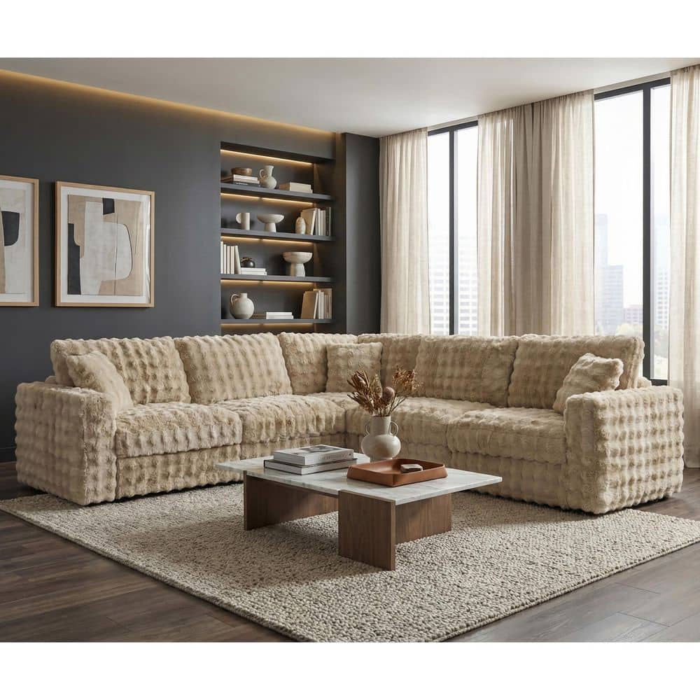 Halie 113 in. Track Arm 5-Piece Fabric Modular Sectional Sofa with Accent Pillows in Sand