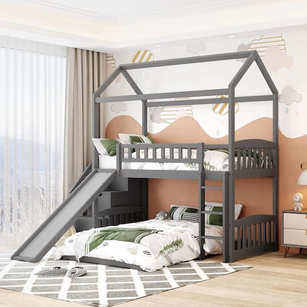 Qualler Gray Twin Over Twin Bunk Bed with Two Drawers and Slide