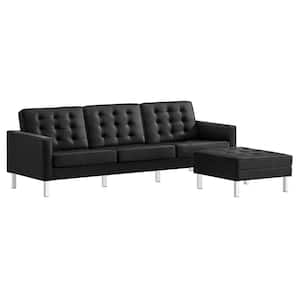 Loft Tufted Faux Leather Sofa and Ottoman Set in Silver Black