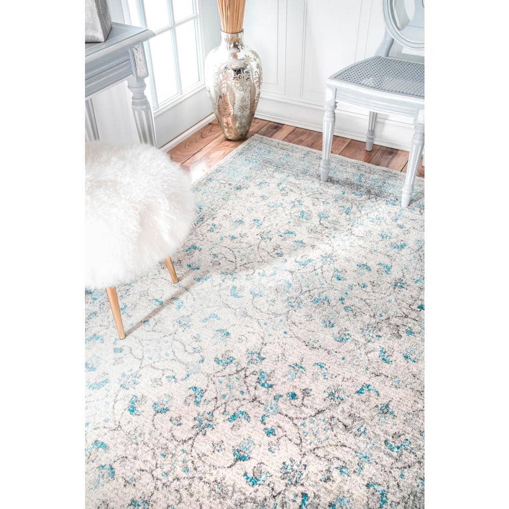 Aqua Blue Floral Synthetic 10' x 14' Area Rug