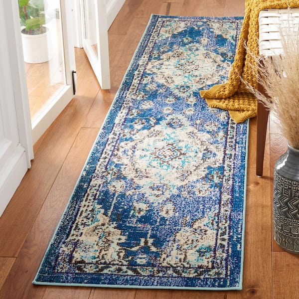 Madison Navy/Ivory 2 ft. x 8 ft. Border Floral Oriental Runner Rug