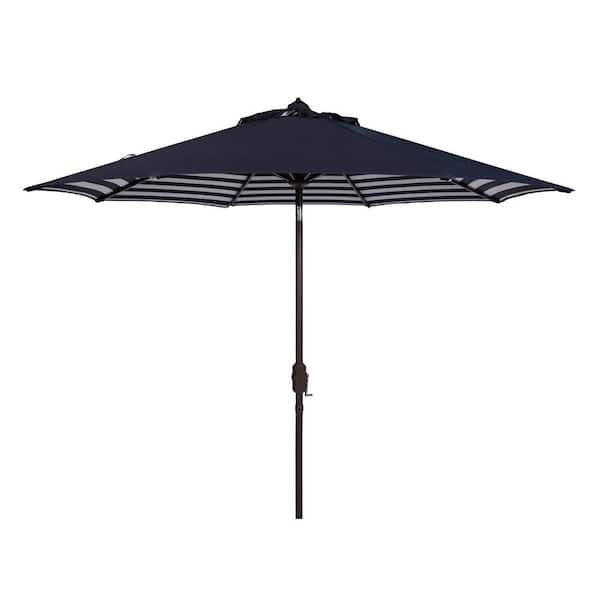 SAFAVIEH Athens 9 ft. Aluminum Market Auto Tilt Patio Umbrella in Navy/White