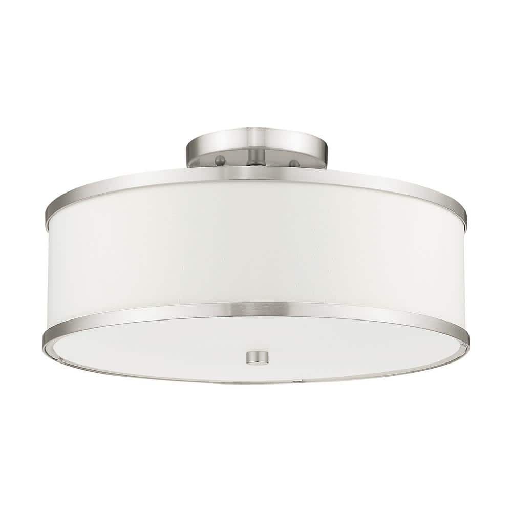 Elegant Brushed Nickel 3-Light Semi-Flush Drum with Off-White Fabric Shade