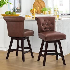 26 in. Brown Faux Leather Swivel Upholstered Barstool Solid Wood Counter Stool with Nail Head Trim and Tufted Backrest