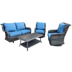 Gray 4-Piece All Weather Wicker Outdoor Conversation Sets with Blue Cushions, Swivel Lounge Chairs, Loveseat Sofa, Table