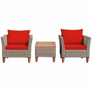 3-Piece PE Wicker Outdoor Patio Conversation Sofa Set with Red Cushions