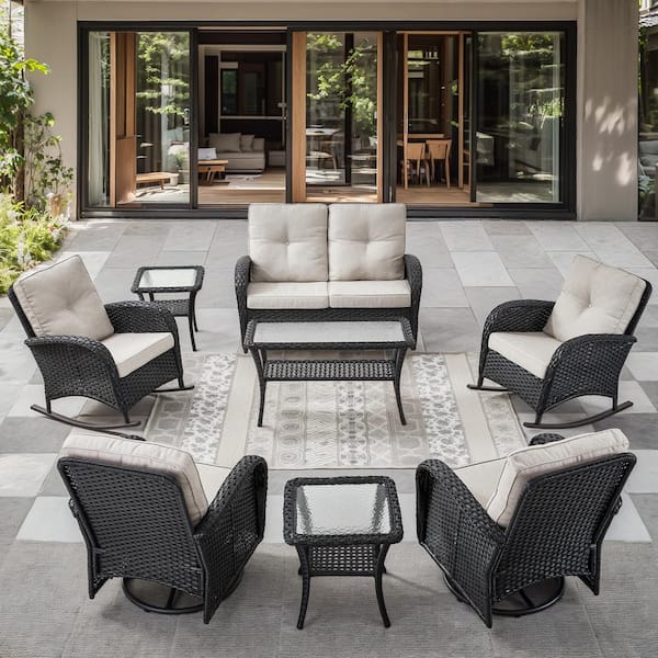 Black 8-Piece Wicker Patio Conversation Set with Swivel Rockers, Outdoor Glider Seating Set with Beige Cushions