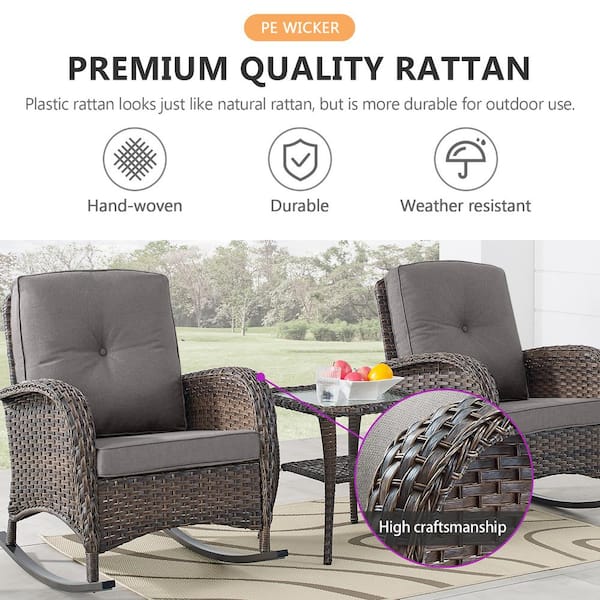 Brown 5-Piece Wicker Patio Conversation Set with Rocking Chairs, Outdoor Sofa Seating Set with Olefin Gray Cushions