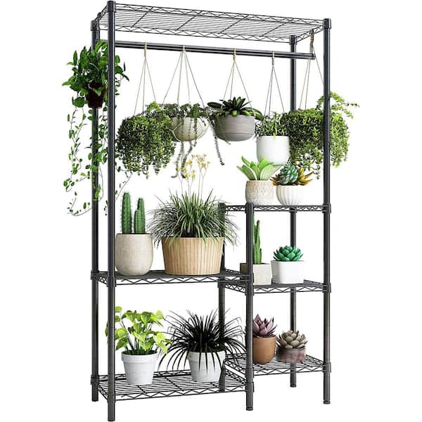 Unbranded 6-Tiers 16 Pots Metal Storage Rack Planter with Hanger Rod for Living Room Balcony and Garden, Black