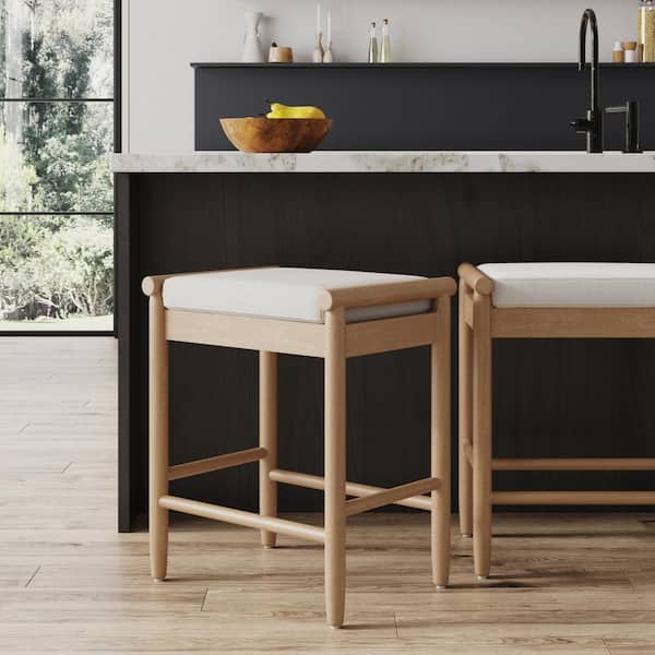 Kirsten 24.6 in. H Light Brown Backless Solid Wood Bar Stool with Boucle Upholstery
