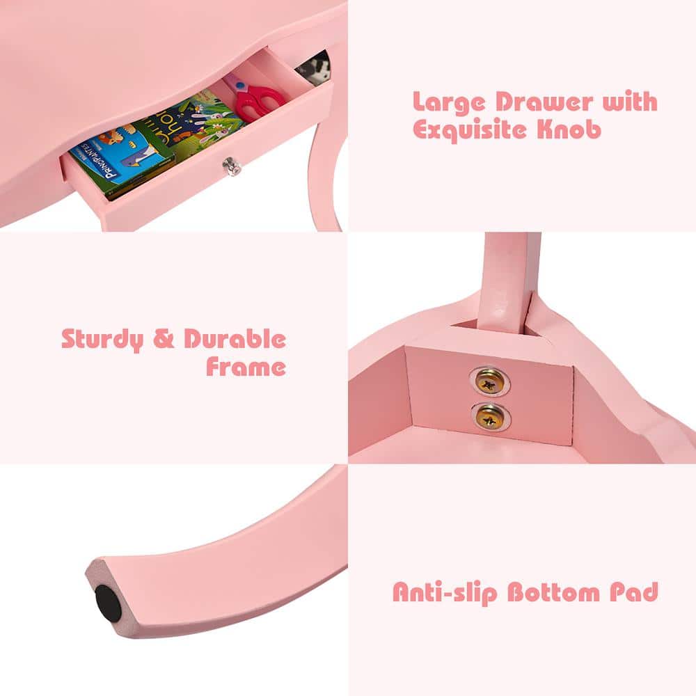 Pink MDF Kids Vanity Table and Stool Set with Tri-Folding Mirror