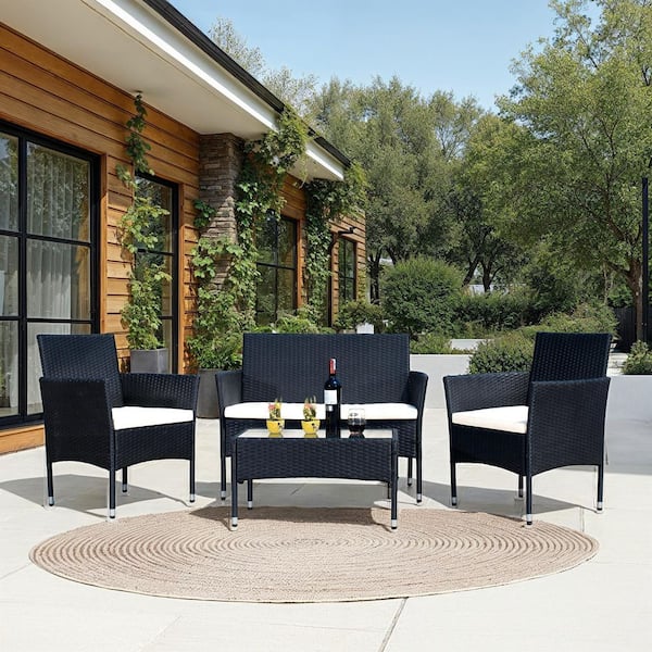 Abdul Black 4-Piece Wicker Patio Conversation Set with Beige Cushions
