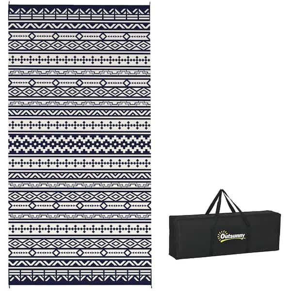 Outsunny Blue and White Geometric Wall 9 ft. x 18 ft. Waterproof Plastic Reversible Outdoor Rug Large Straw Floor Mat Area Rug