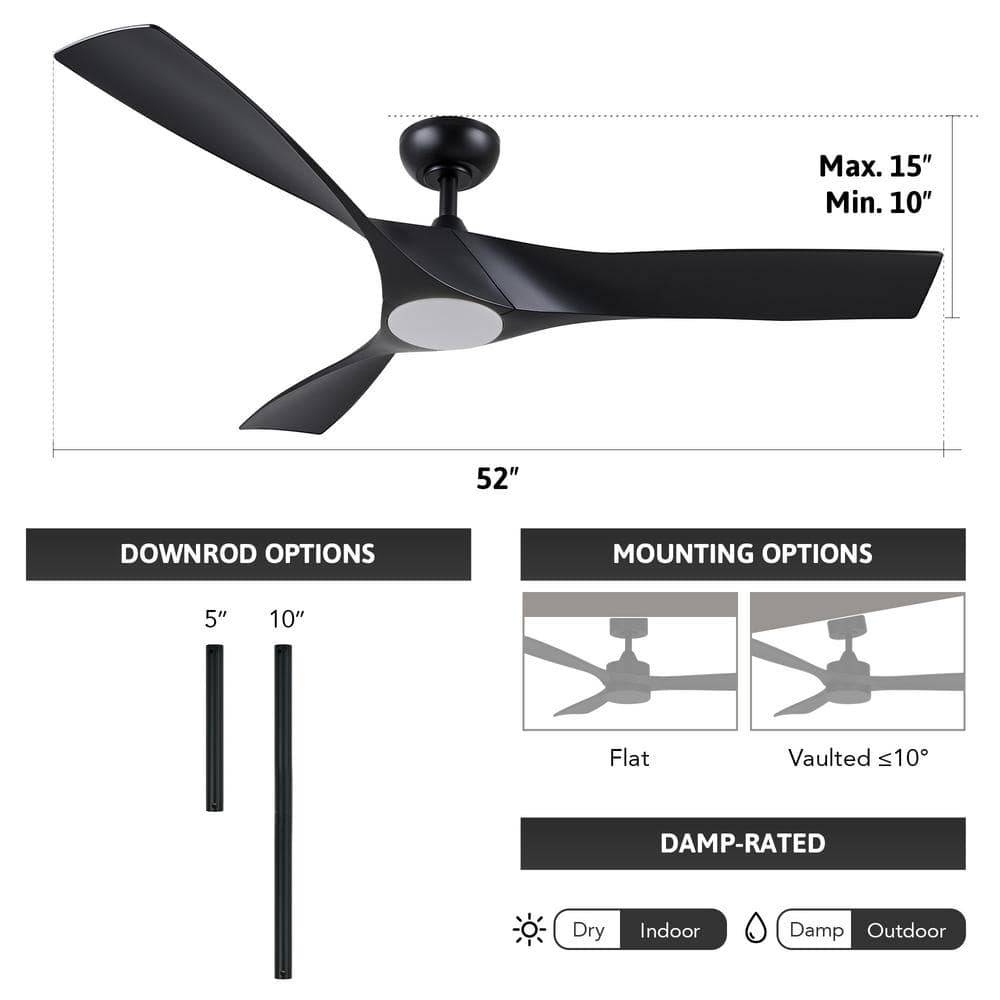 52" Black Modern Ceiling Fan with Dimmable LED Light and Remote