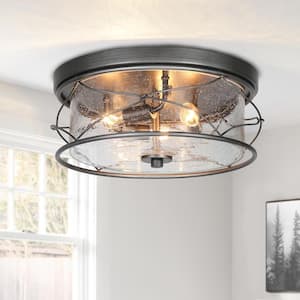 Modern Farmhouse 3-Light Black Sweep Silver Flush Mount Light, 13.5 in. Drum Seeded Glass Ceiling Light for Bedroom