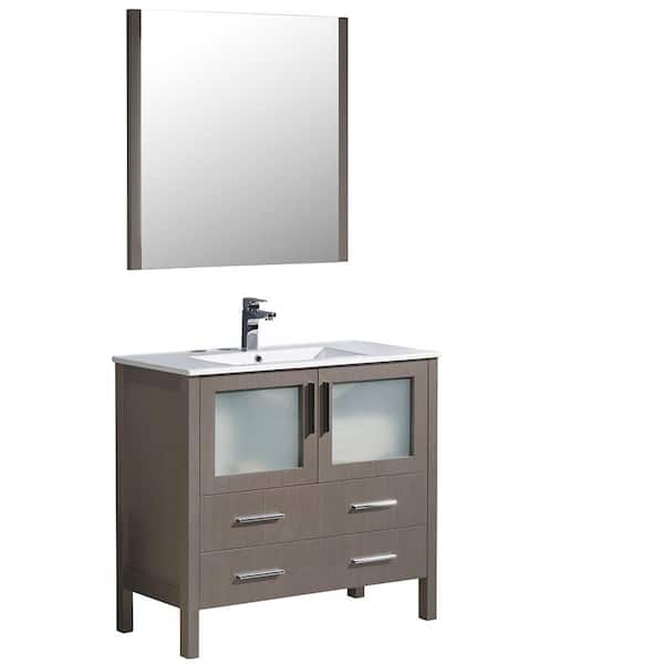 Fresca Torino 36 in. W x 18 in. D x 34 in. H Bath Vanity in Gray Oak with Vanity Top in White with 1 White Sink and Mirror