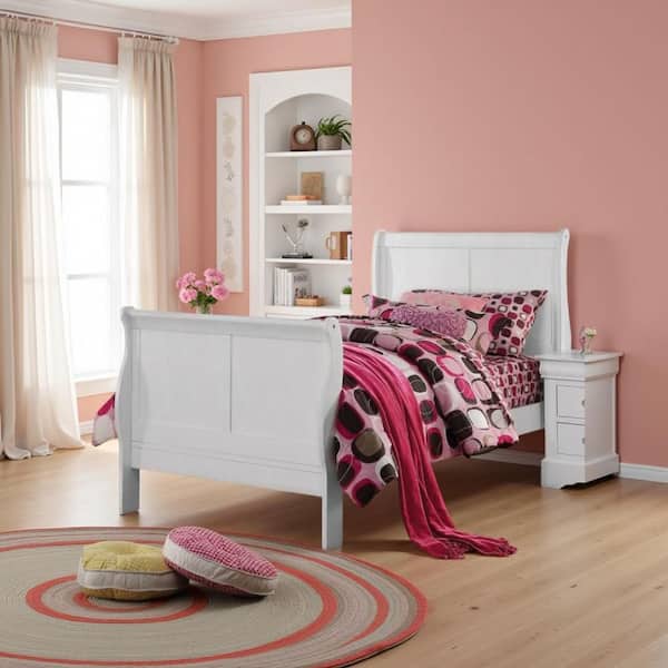 Sophisticated White Twin Wood Frame Sleigh Bed