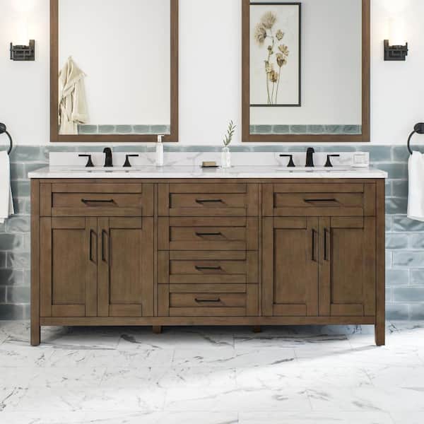 OVE Decors Tahoe 72 in. W x 21 in. D x 34 in. H Double Sink Bath Vanity in Almond Latte with White Engineered Marble Top and Outlet