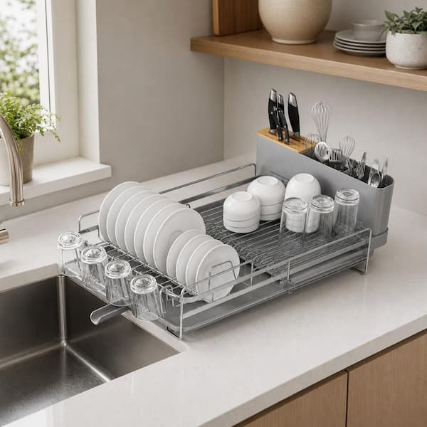Silver 19.2 in.-26.7 in. L x 12.9 in. W Extendable Dish Rack, Anti-Rust Drying Dish Rack with Cutlery and Cup Holders