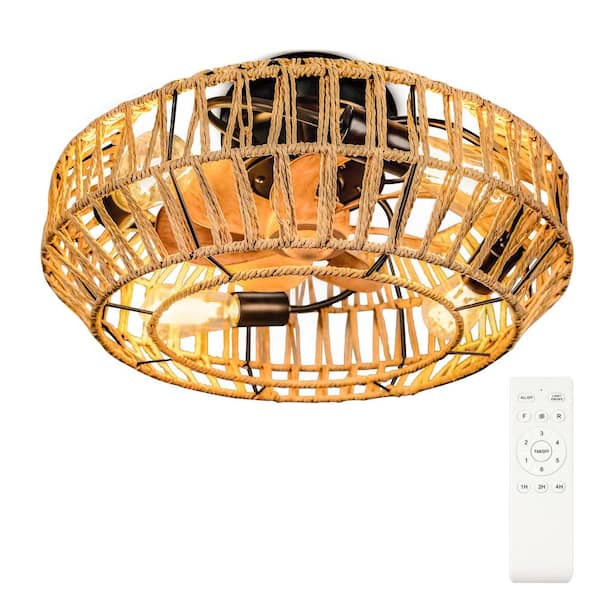 BICIK 19 in. Indoor Black Flush Mount Ceiling Fan with Remote Control, 7-Wood Grain Blades