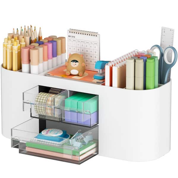 White 3 Drawers Desk Organizer with 7 Compartments, Multi-Functional Pencil Holder for Home, School, Classroom