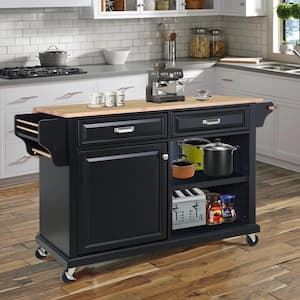 Black Cambridge Natural Wood Top 57.5 in. W Kitchen Island with Storage (32 in. D x 57.5 in. W x 36 in. H)