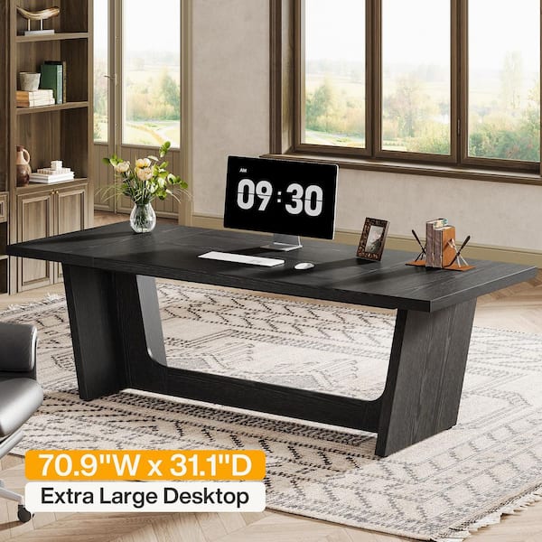 BYBLIGHT 70.87 in.  Rectangular Black Wood Executive Computer Desk with Sturdy Trapezoidal Base for Home Office