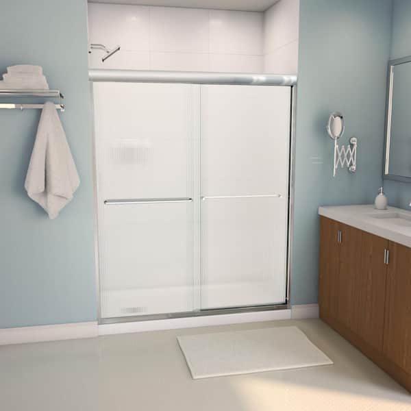 Aura 55 in. - 59 in. W x 71 in. H Sliding Semi Frameless Shower Door in Chrome Finish with Fluted Glass with Towel Bar