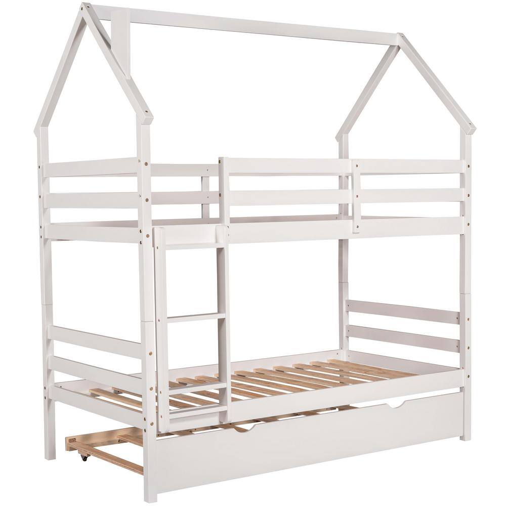 Clihome Twin Over Twin House Wood Bunk Bed with Trundle Bed& Chimney ...