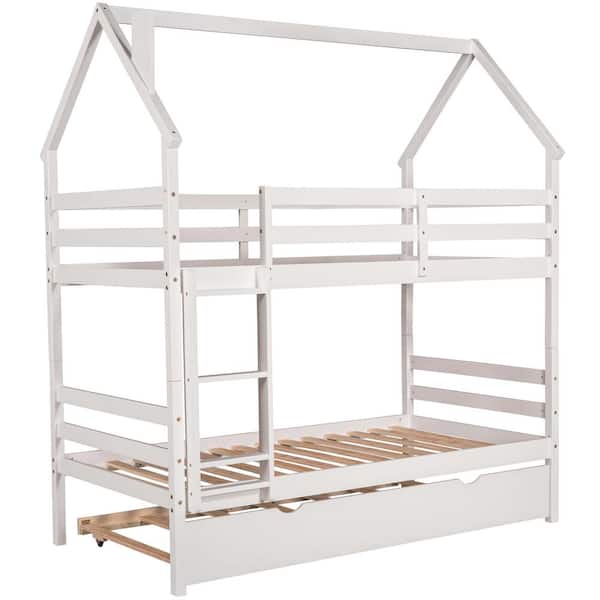 Clihome Twin Over Twin House Wood Bunk Bed with Trundle Bed& Chimney Design(White)