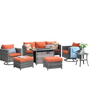 Hyperion 7-Piece Wicker Patio Rectangular Fire Pit Set and with Orange Red Cushions and Swivel Rocking Chairs