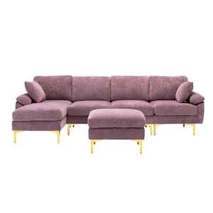 114 in. Rolled Arm 4-Piece Velvet L-Shaped Sectional Sofa in Purple with Chaise