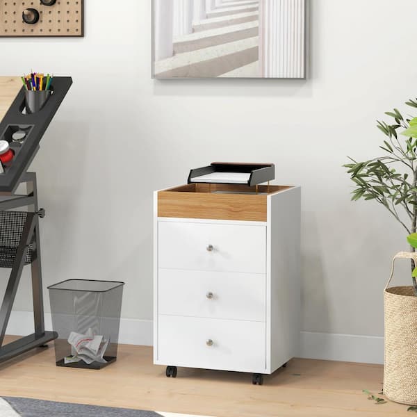 HOMCOM 3 Drawer White Wood 16.9 in. W Vertical File Cabinet, Home Office Printer Stand with Wheels