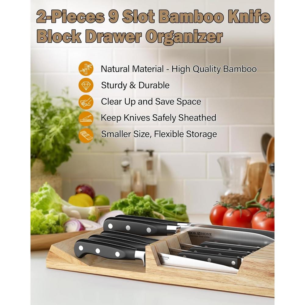 Natural Rubber Wood 18-Slot In-Drawer Knife Block Organizer