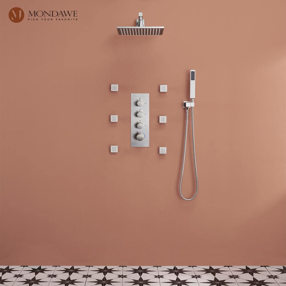 Brushed Nickel Wall Mounted Shower System with Adjustable Heads and Body Jets