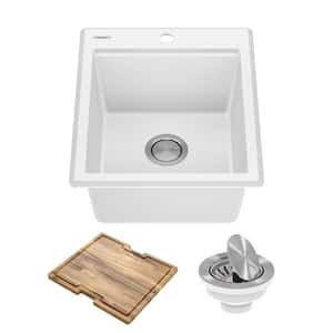 Bellucci White Granite Composite 18 in. 1-Hole Drop-in Workstation Bar Sink with Accessories