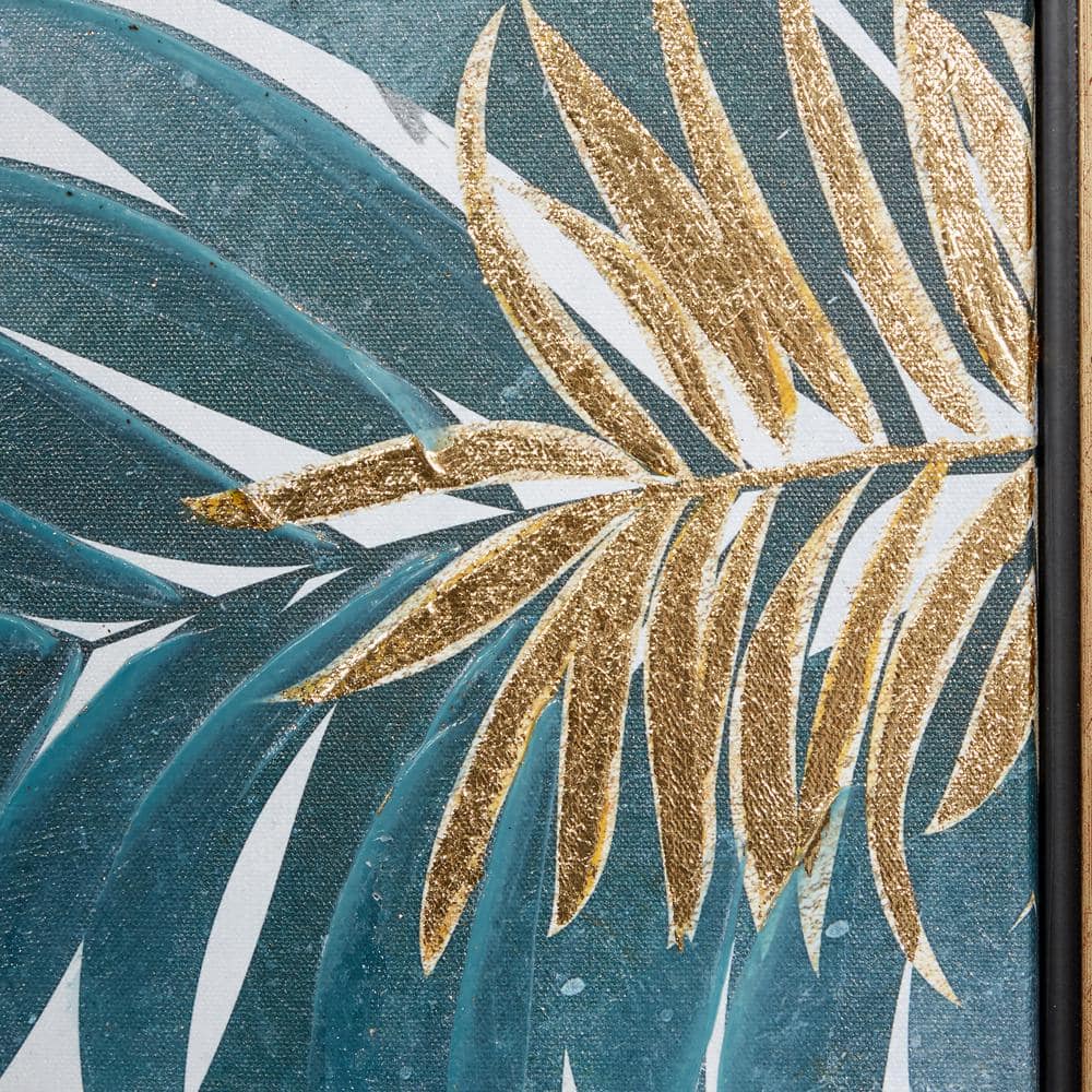 32" Blue and Gold Tropical Leaf Framed Canvas Wall Art