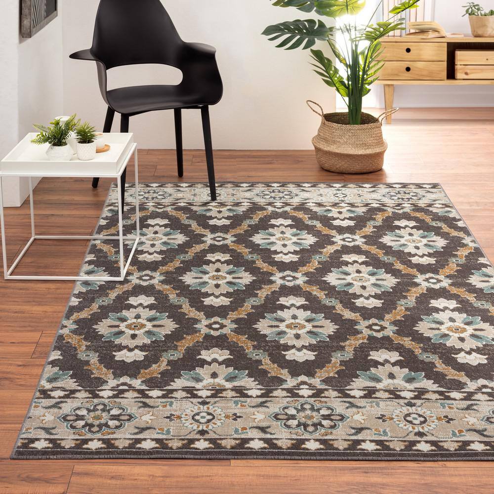 Reversible Rectangular Blue Floral Easy-Care Synthetic Area Rug