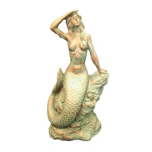16 in. Bronze Patina Classic Mermaid Sitting on Coastal Rock Looking Out to Sea Beach Nautical Statue