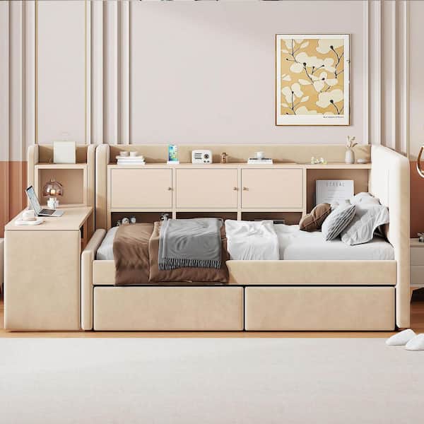 Beige Twin Size Daybed with Drawers, Shelves, Flip Cabinets and Side Table